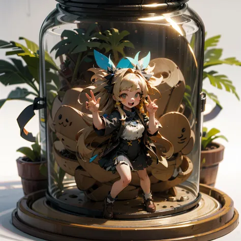 3D-illustration of a very cute girl figure in a jar, Masterpiece((must)), Palm-sized, cute, The face is dense((must))