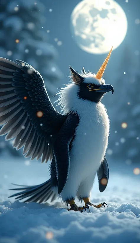 The Pengeecorn, with a penguin’s sleek body, the wings of an eagle, and a shining unicorn horn, is illuminated by moonlight as snow swirls around it.
