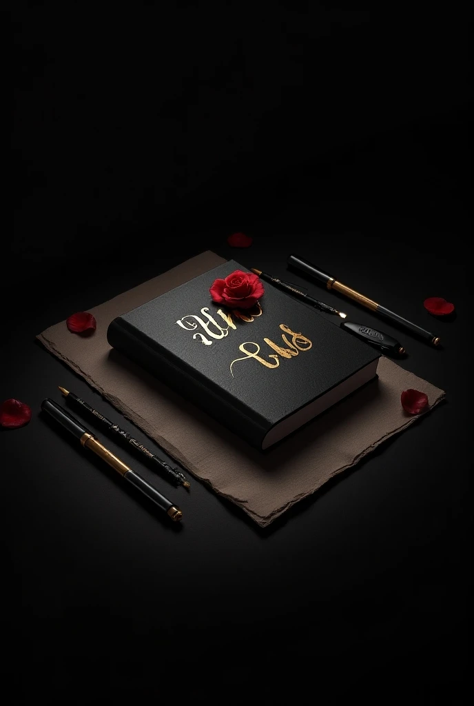 On top of a black diary maruf name is written in golden color bold letters, there is a red rose on the pass and some sign pens around it, black background, realistic