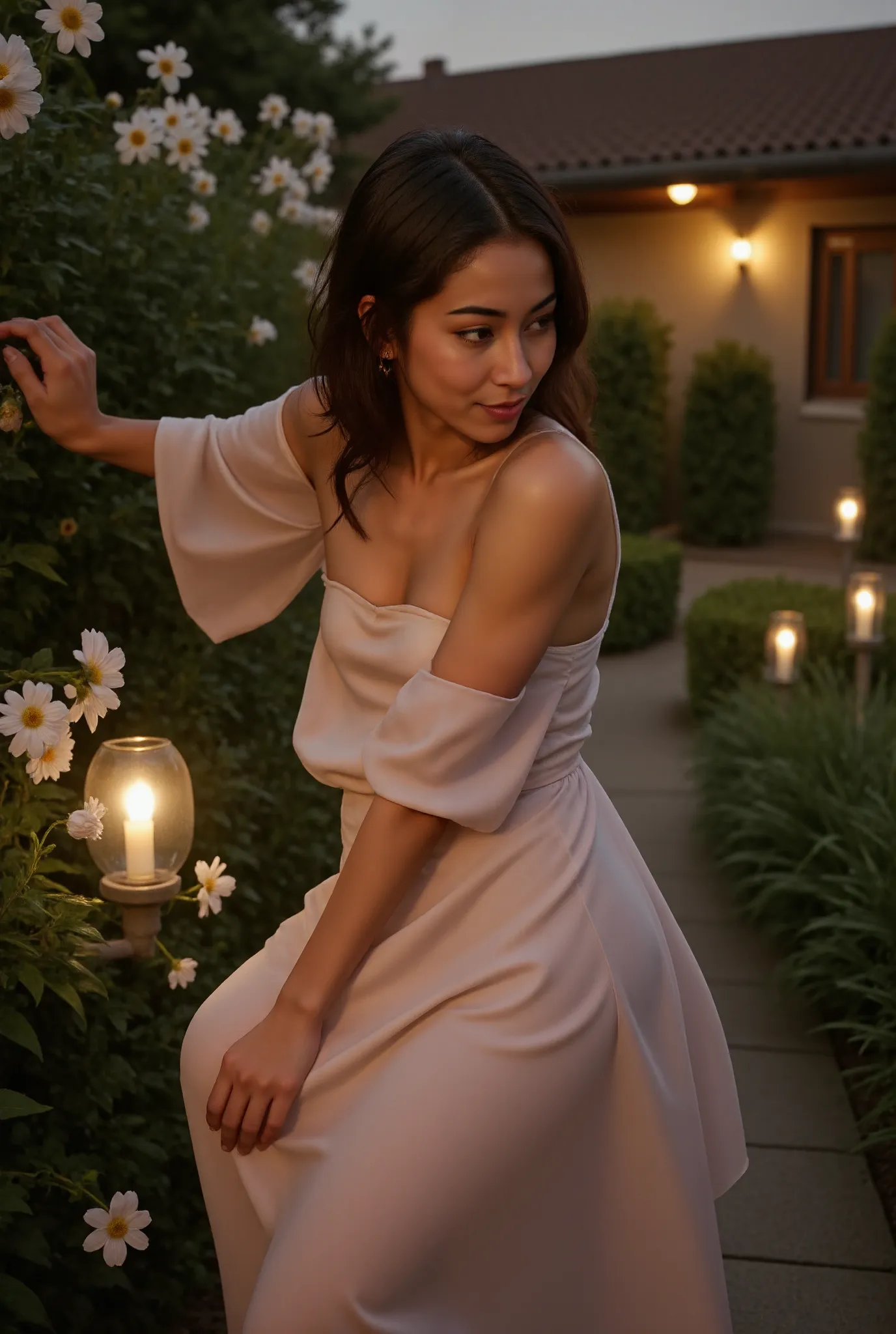 set eraa in an enchanting garden at twilight, surrounded by blooming flowers and soft candlelight illuminating the path ahead. s...