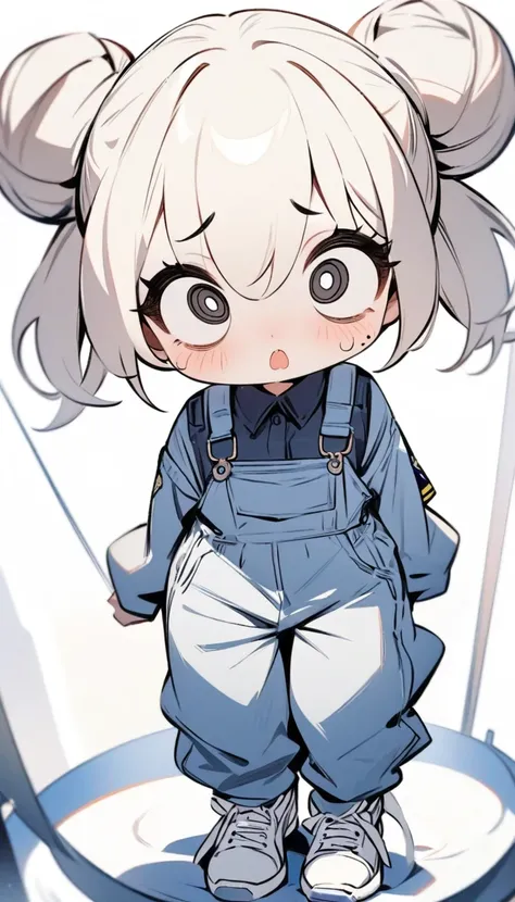 
(masterpiece, best quality:1.2), cartoonish character design。pure white background, 1 girl, alone, big eyes，cute expression，Two hair buns，police uniform，Overalls，White sneakers，stand，interesting，interesting，clean lines，Correct facial features