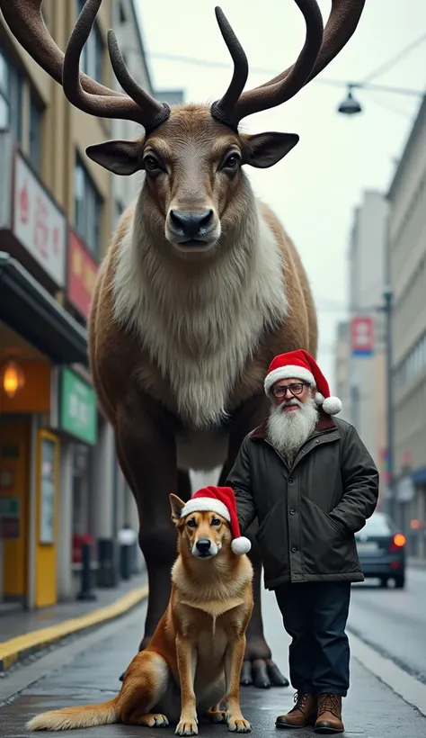  This years photo is a 16k close-up of(Wild reindeer )(, a prehistoric )(giant)(15m tall ) with (An old man wearing glasses is leaning a dog.)(, both the man and the dog and the deer also wore Santa Crosses hats.),  The background is a sidewalk with a yell...