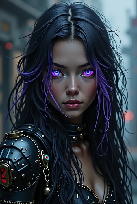 A girl in the style of the Netflix series Arcane with black hair and lilac highlights, light blue eyes