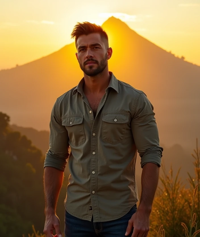 Realistic, handsome man 50 years,strong and look good, under cut dark brown hair, high resolution , wearing shirt and blue jeans trousers, standing in front of Doi Suthep Chiang Mai, yellow sunrise morning, yellow atmosphere 