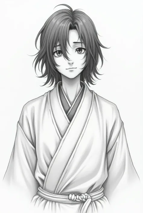 Samurai art by pencil .his hair comb is medium .he is so sad and he ware a normal samurai t-sart .He is young men