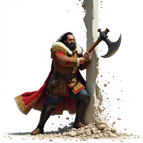 Russian tsar Peter the Great in outfit of XVII century guard soldier with long handle axe trying to break the wall, white background.