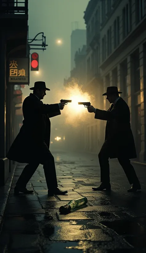 A dramatic scene of a 1920s gangster shootout. Silhouetted figures exchange gunfire in a dimly lit alleyway. A shattered glass bottle lies on the wet pavement. The overall tone should be chaotic and violent.