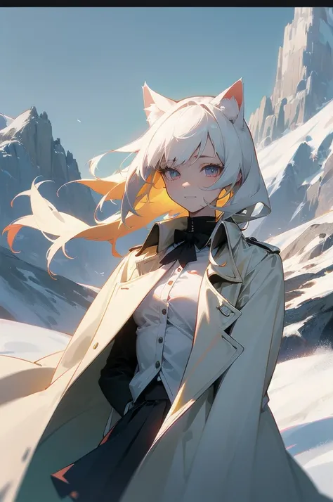 (Absurd), cute girl, upper body, slim body, perfect body, legs out of frame, (albino), trench coat, skirt, cat ears, (albino), France, mountain pass, [strong wind, view, village], arrogant smile, tipsy, [looking away], Expressionless