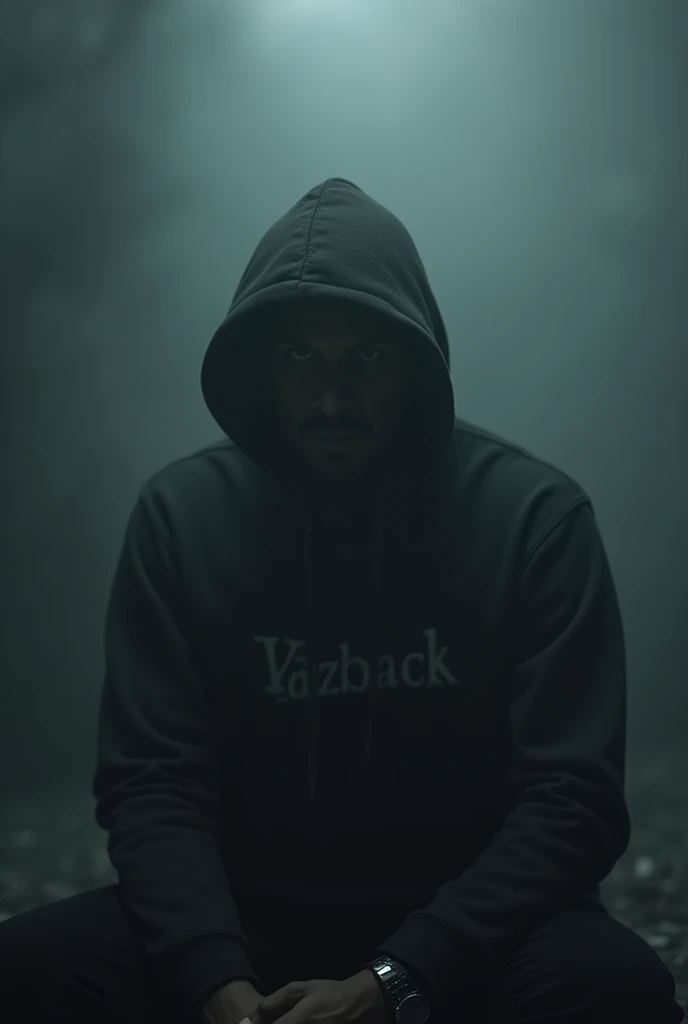 A man sitting in a foggy, dark place wearing a black hoody with the inscription YANZBACK 