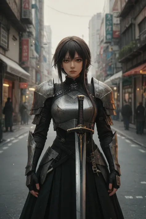 a close up of a deep woman woman with a sword on a city street, from arknights, she is holding a sword, holding a sword on her shoulder, guweiz on artstation pixiv, guweiz on pixiv artstation, 2. 5 d armor girl, trending on artstation pixiv, epic light nov...