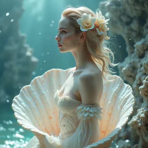 Araf woman in skirt stands on a large seashell, wearing seashell attire, Queen of the Sea Mu Yanling, mother-of-pearl orchid, Emma Watson as sea mermaid, James Jean and Rolf Armstrong, sea goddess, The birth of Venus, opal statues adorned in jewels, Ariana...