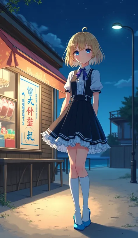 masterpiece, Best Quality,  Hi-Res,  very detailed,((( blonde))), ((( Japanese Anime ))), ((( short hair))), ((( Alice in Wonderland ))), (((Black and white knee-high ))), (((pretty girl with light blue heels ))), (((Around town))), (((night))), (((In fron...