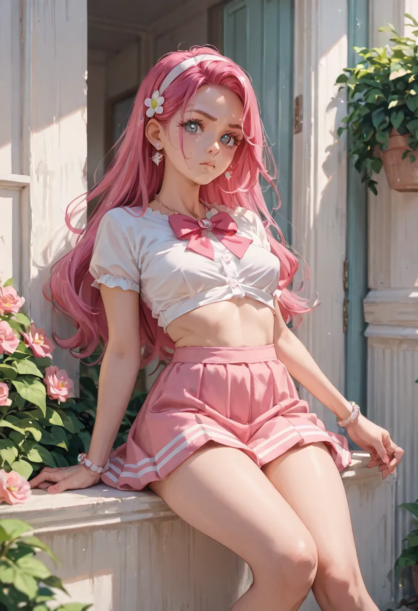 masterpiece　pink hair　 pink skirt　 cure　yell thighs　whole body　 smaller breasts