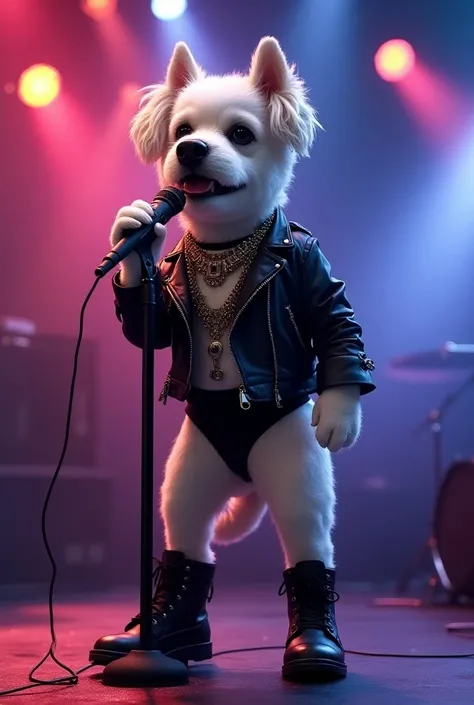  singing on stage with a microphone。The dog is wearing a modern black and white costume 、 wearing chain necklaces and accessories 、 wearing stylish boots 。 colorful stage lights shining in the background 、 and the atmosphere of a live performance 。