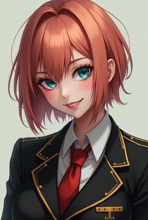  with short coral hair in half a bundle , A woman with a cold expression with a laughing smile.  with blue eyes {x} wearing a red tie and a black uniform with gold. 