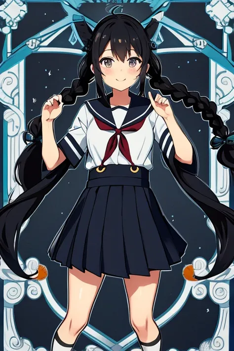 Black Hair , smile,   brown skin  ,  braid twin tails ,  Japanese High School Student  , Blue pupil , School Uniform