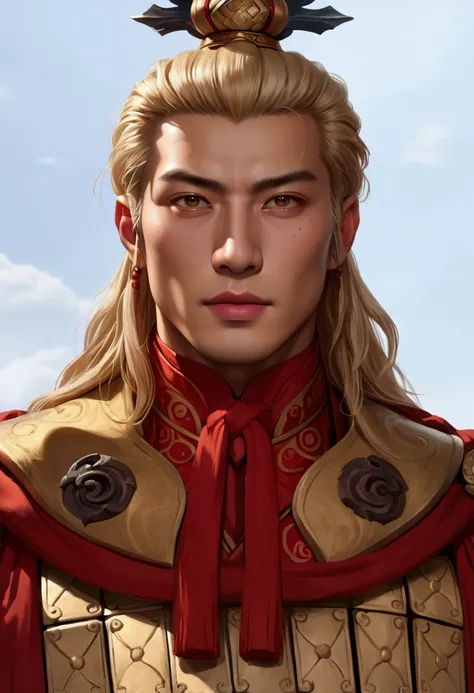 an asian man with blonde hair and a crown on his head is wearing a, sun wukong, final fantasy face, monkey king, wukong, inspired by Wang Jian, ancient mongolian elon musk, inspired by Wang Wu, realistic. cheng yi, inspired by Ren Xiong, inspired by Zhang ...