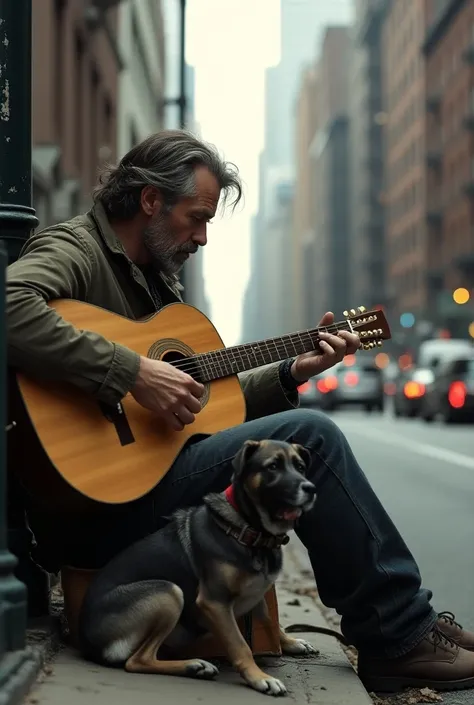 Draw a  man laying beside the road with old clothes, playing guitar,realistic , in newyork , with a dog, 