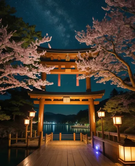  beautiful scenery at the bottom of the sea"A super high-resolution 4K nighttime Japanese shrine scene with a realistic, photo-like quality, colorful and fantastical. A vibrant red torii gate stands symbolically over the water, surrounded by warm lanterns ...