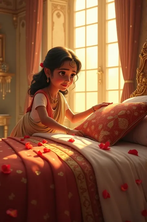 Image Prompt: "A young Indian maidservant in humble, traditional attire with simple jewelry and a bindi on her forehead. She has a tired yet devoted look, her hair neatly tied back, and a modest smile as she carefully arranges the queens ornate bed. The be...