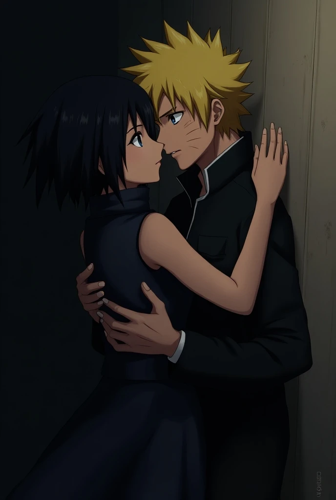 Naruto kissing Sasuke pinned to the wall