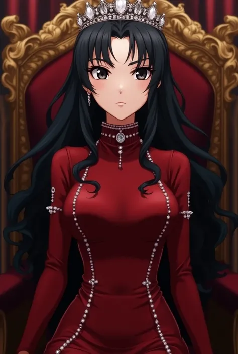 Anime of a queen with a diamond crown on her white-skinned head ,  long curly black hair , black eyes, Wearing a red turtleneck dress with rhinestones sitting on her throne.