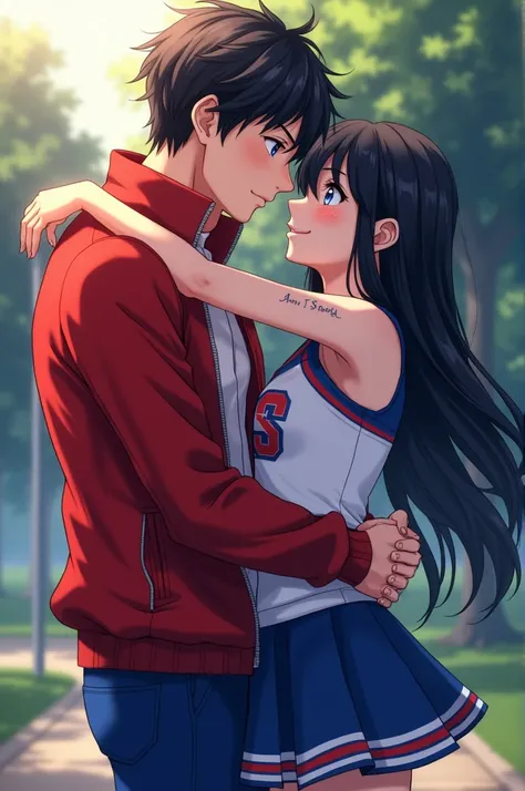 pretty girl, With long black hair his clothes are that of a cheerleader and he is loaded in the arms of a handsome boy his clothes are a red jacket with blue pants and his eyes are turquoise and on his cheek he has the lyrics to the anime version 