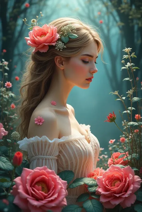 Exquisite details,  surreal atmosphere ,  ethereal beauty,  vibrant colors  ,  soft lighting, fantasy theme , mystical presence, Delicate Foliage ,  a beautiful red rose,  intricate patterns , Dream quality, Captivating gaze,  flat illustration 