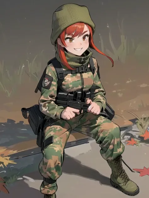 girl with smile and red hair, with a camouflage jacket, camouflage balaclava, tactical gloves, camouflage pants and army boots. ...