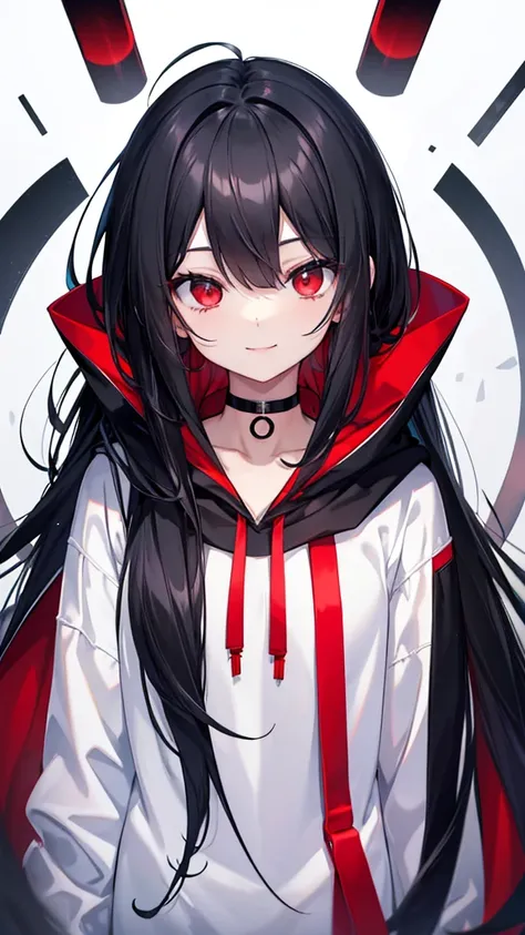 Light black hair、 straight hair、Smooth Hair、Red Eye、Model body type、 long hair、 high school girl、 choker、Oversized white hoodie、Idiot、 happy smile 、 upper body、 face up