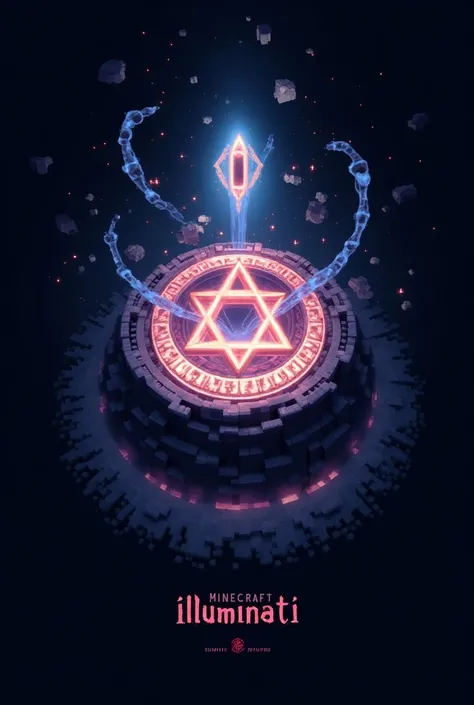 Design a professional and sleek logo for a Minecraft server, featuring a glowing, mystical Illuminati symbol from Gravity Falls emerging from a swirling, magical portal. The portal should be made of blocks, with intricate patterns and glowing elements, and...