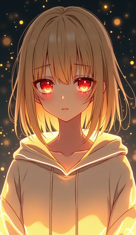  Anime 2d art . Beautiful woman ,  red eyes, straight golden hair bob cut , white oversized hoodie,white thigh-high boots, white magic lines glow under her skin like veins nerves blood vessels and veins glowing lines,lock, mystery ,twilight, many small gol...