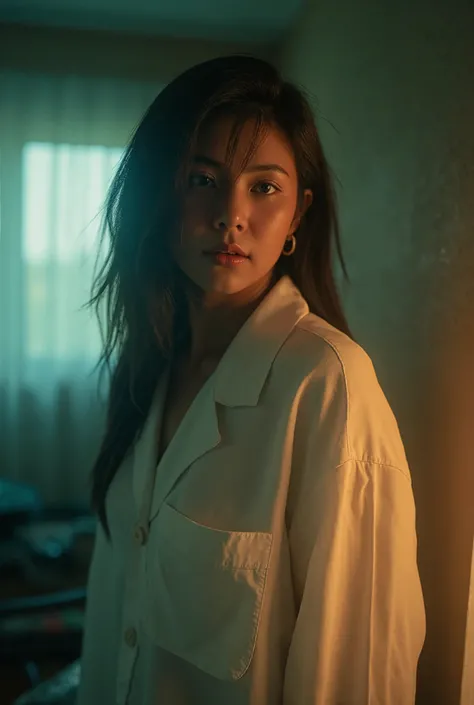 A candid shot of a slender Thai woman, with large breasts and messy black hair, standing in a dimly lit room. Soft, golden-hour light casts gentle shadows across her face and body. She wears an oversized white shirt that falls loosely. Sunlight filters thr...