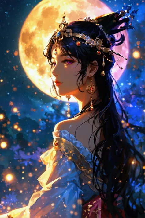 ((Best Quality)), ((masterpiece)), ( Details), The Goddess of the Moon with the Light of the Full Moon on Her Back 、 Goddess of the Moon。