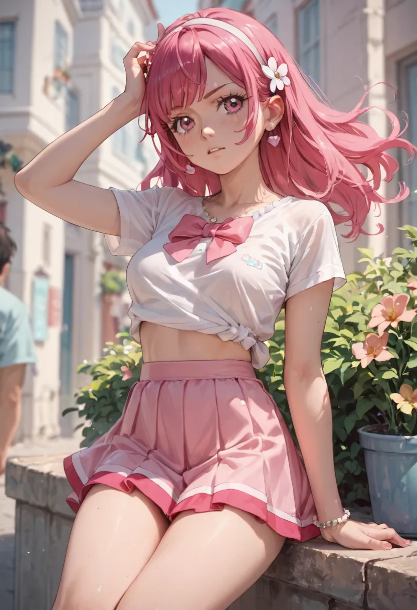 masterpiece　pink hair　 pink skirt　 cure　yell thighs　whole body　 smaller breasts