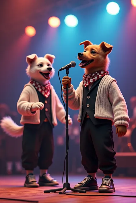  singing on stage with a microphone。 dogs wear check bandanas around their necks、 oversized white knit 、Black vest、 black pants、Wear black boules 、 standing on two legs like a human。 colorful stage lights shining in the background 、 and the atmosphere of a...