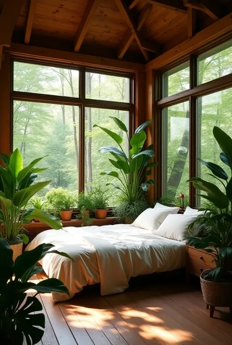 small cozy red wood aesthetic bedroom big windows and many plants