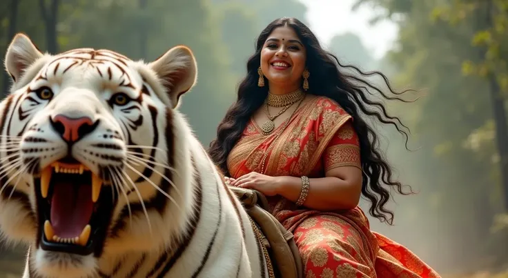 low-angle shot of a stunning, curvy chubby fat plus-size beautiful sexy Indian woman with sexy big boobs and big ass is riding a large white tiger (animal) in India. She looks like Georgina Rodríguez, exuding confidence with a radiant smile. Her bold makeu...