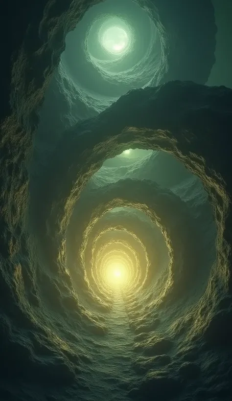 A spiral effect downwards leading to the center of the Earth, illuminated with soft, eerie lights . View from above