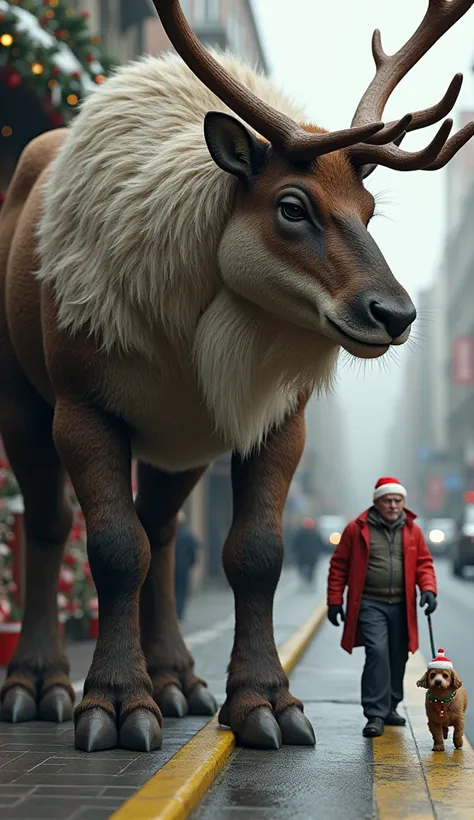  This years photo is a 16k close-up of(Wild reindeer )(, a prehistoric )(giant)(((fat))and 20m tall ) with (Old man wearing glasses, dog leash )(, both man and dog wearing Santa Cross hat ), . The background is a sidewalk with a yellow foot border. In the ...