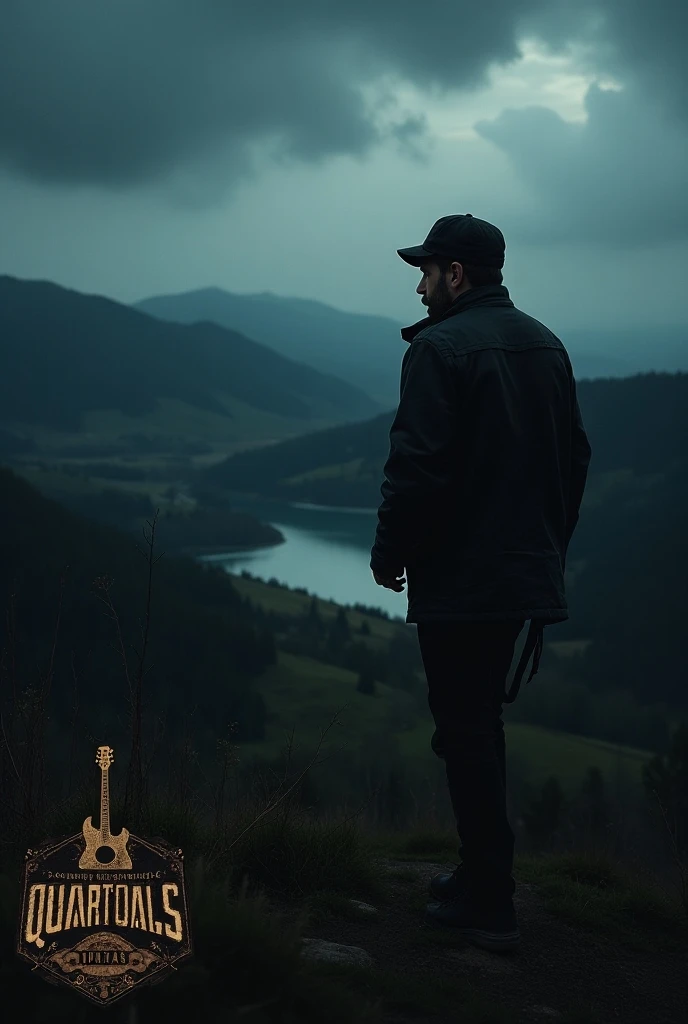 Music album cover witha A man with a leather cap and leather jacket  walking in Latvian countryside and looking at the lake in the valley, natural night lighting,  night sky clouds, there is a logo of a guitar and a text Quartals - Domas