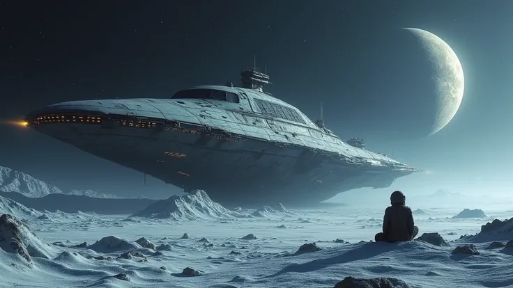 panorama, sideways, space, you can see a crashed, gigantic advanced alien space battleship,overwhelming size ,  crashed, alien  shape of a starship with large windows where the light is on

 lonely astronaut sits near  of a starship and looks at it, 

snow...