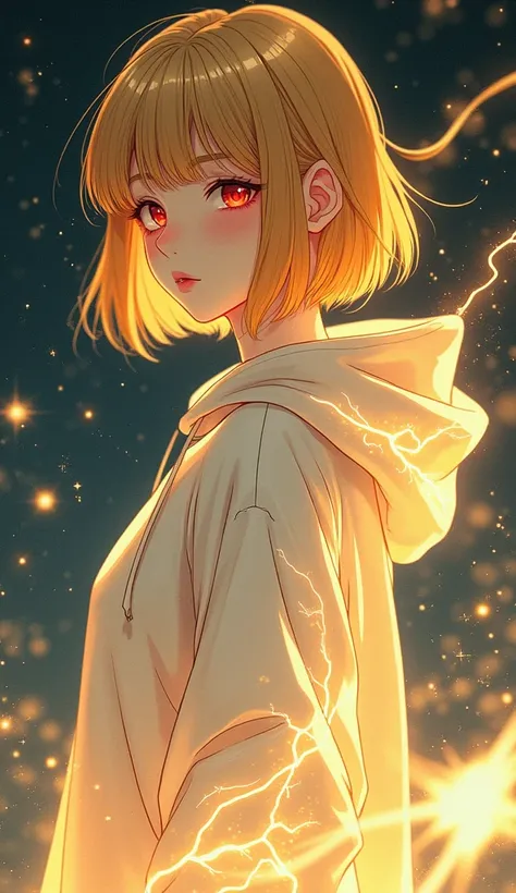  Anime 2d art . Beautiful woman ,  red eyes, straight golden hair bob cut , white oversized hoodie,white thigh-high boots, white magic lines glow under the skin like veins, nerves, vessels and veins, glowing lines,lock, mystery ,twilight, many small gold s...