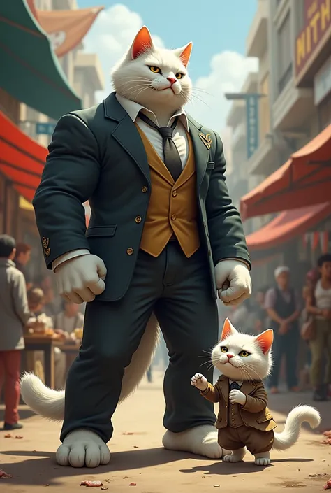 a muscular white cat wearing suit and pant looking a poor white kitten who wearing  dirty and torn clothes weeping in market 