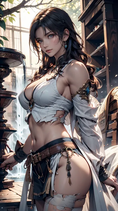 (Best Quality:1.3)Super detailed, Realistic, masterpiece, Soulcalibur Sophie, Alone, Long Hair, braided bangs, Natural clothing, waterfall, evening,  Aetheric Light , damage, defeat, nsfw,  torn clothes