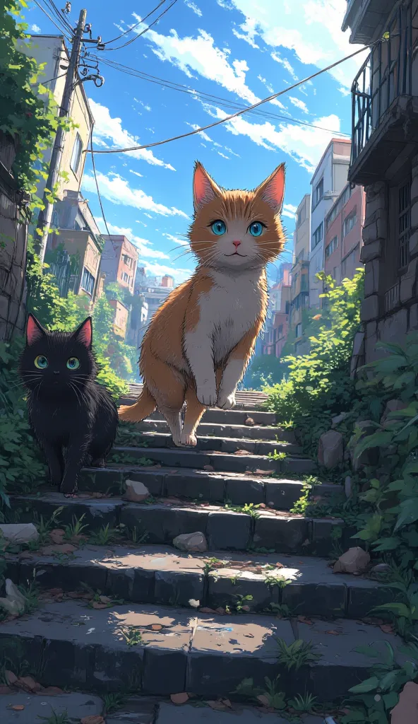 anime style, panoramic view, 2 cats, a black and brown-white catson stone steps, hunter, street cat, dirty and neglected, walkin...