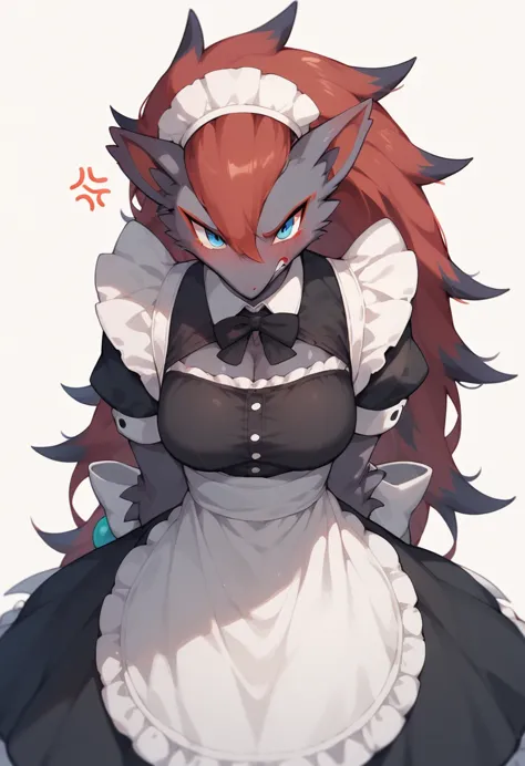 score_9, score_8_up, score_7_up,zoroark,blue eyes,looking at viewer,solo,maid clothing,embrassed,angry,blush