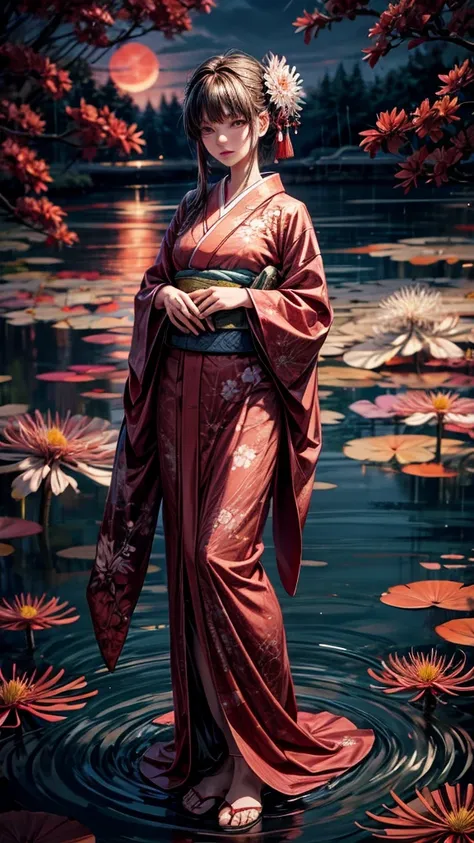 (pond:0.6),(sand road:0.4),(A large amount of red spider lilies in full bloom:0.4),(a girl:0.1)
(masterpiece), best quality, expressive eyes, perfect face, Late at night, a woman wearing a kimono is standing alone on the shore of a pond with the red moon a...