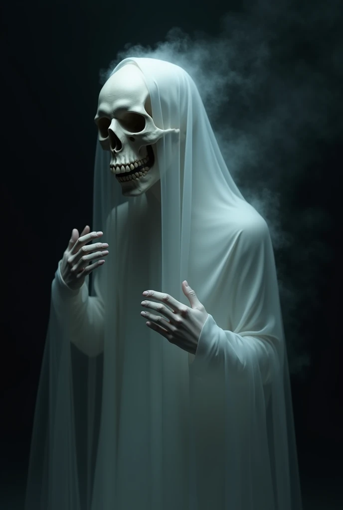  white semi-transparent ghost skull on a black background,  with a slightly open jaw looks to the left at an angle of 30 degrees,  hands raised to my shoulders , Id like to give up but my body cant be seen behind black dust , gloomy, Cool, poltergeist