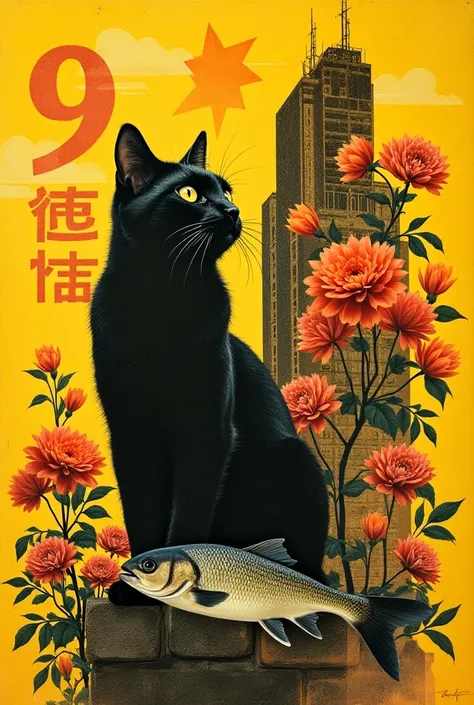 Creative collage composition with multiple elements :
 - double exposure effect of cats superimposed with bright yellow exploding star pattern
- BLACK CAT SILHOUETTE
- Chrysanthemums are blooming
- 9-storey building
- Number 9
- fresh fish
- Kaleidoscopic ...